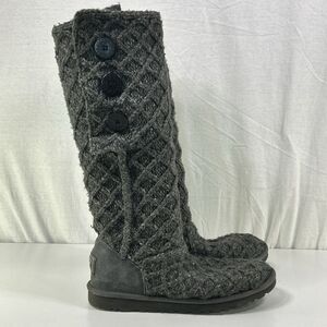 UGG Womens Size 9 Lattice Cardy Tall Cable Knit Sweater Grey Winter Knee Boots